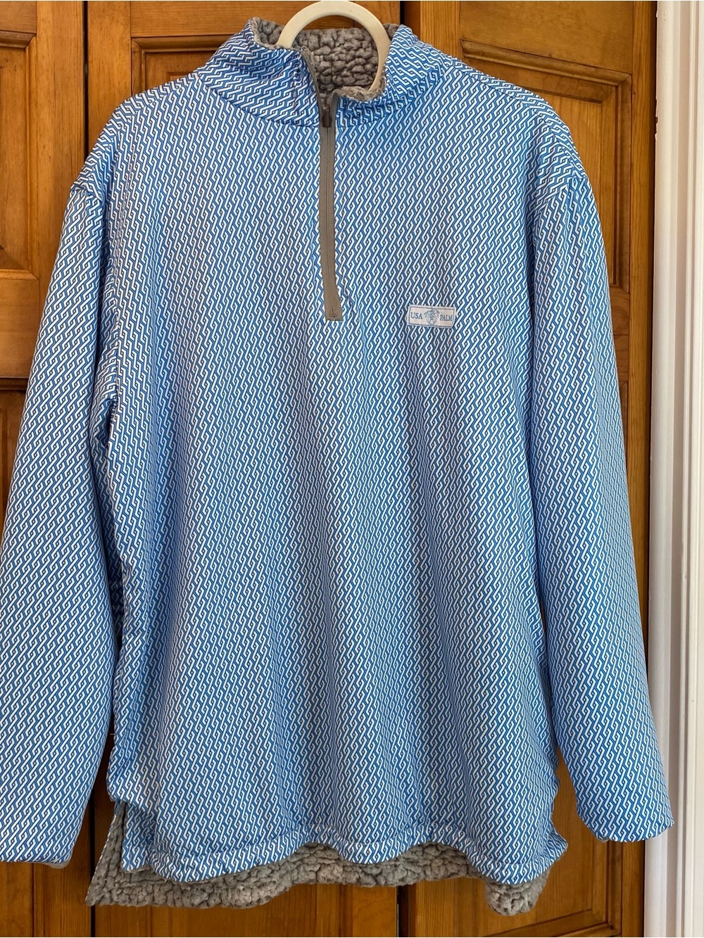 USA PALM Men's Sky Blue Patterned Half-Zip Sherpa-Lined Shirt Jacket Reversible